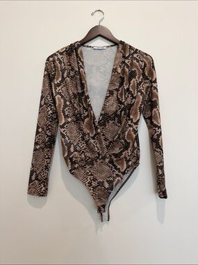 Zara Snake Print Long Sleeve Bodysuit - Brown & Black SZ S